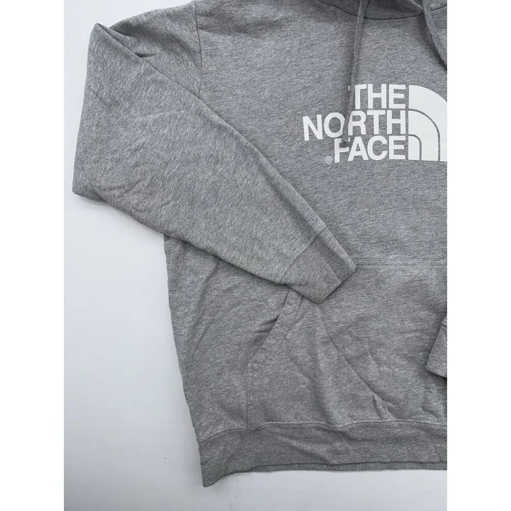 Mens The North Face Fleece Hoodie Size Large Gray Spellout Logo Drawstring EUC